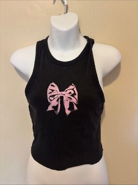Garage Black Ribbed Tank with Pink Bow Graphic